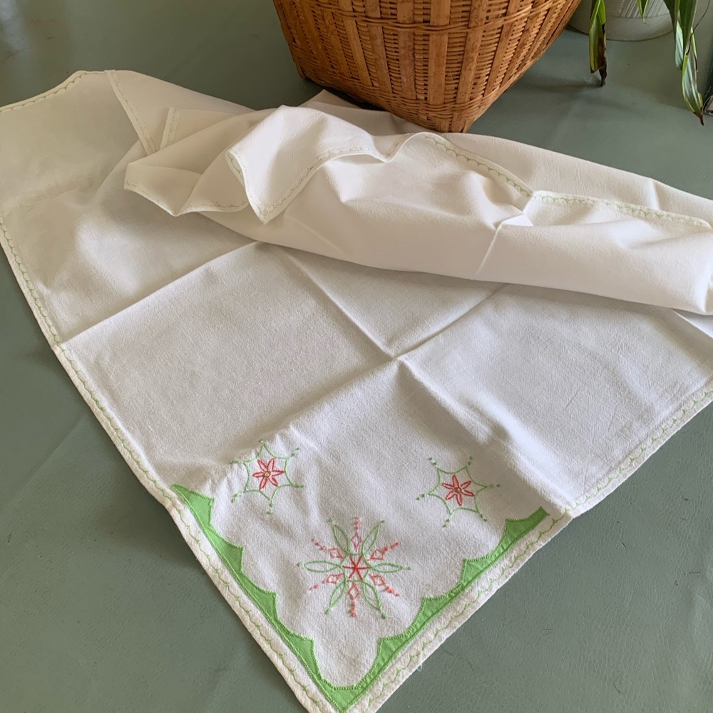Vintage Embroidered Tablecloth with Green and Pink Accents